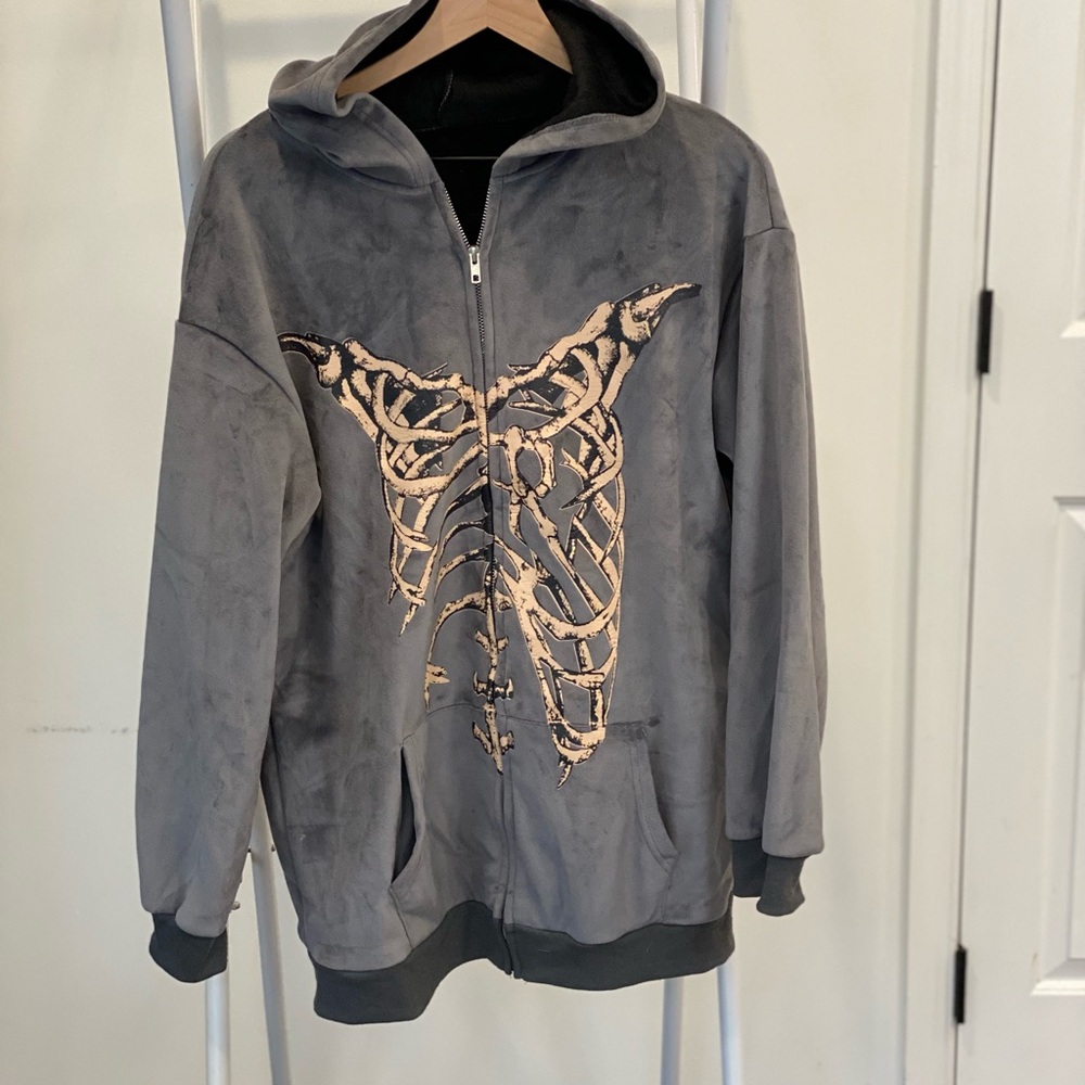Gray Hoodie with Skeleton Design